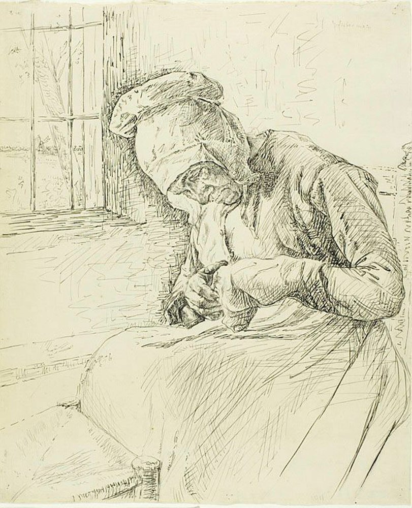 Mulher velha remendando na janela de Max Liebermann