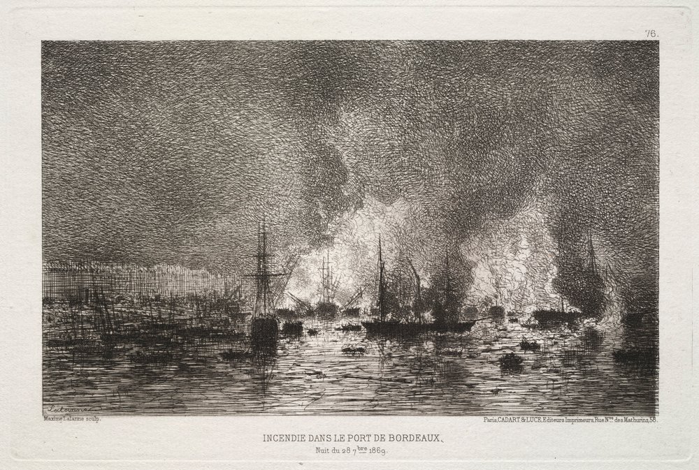 Conflagração no porto de Bordeaux, 1869. de Maxime Lalanne