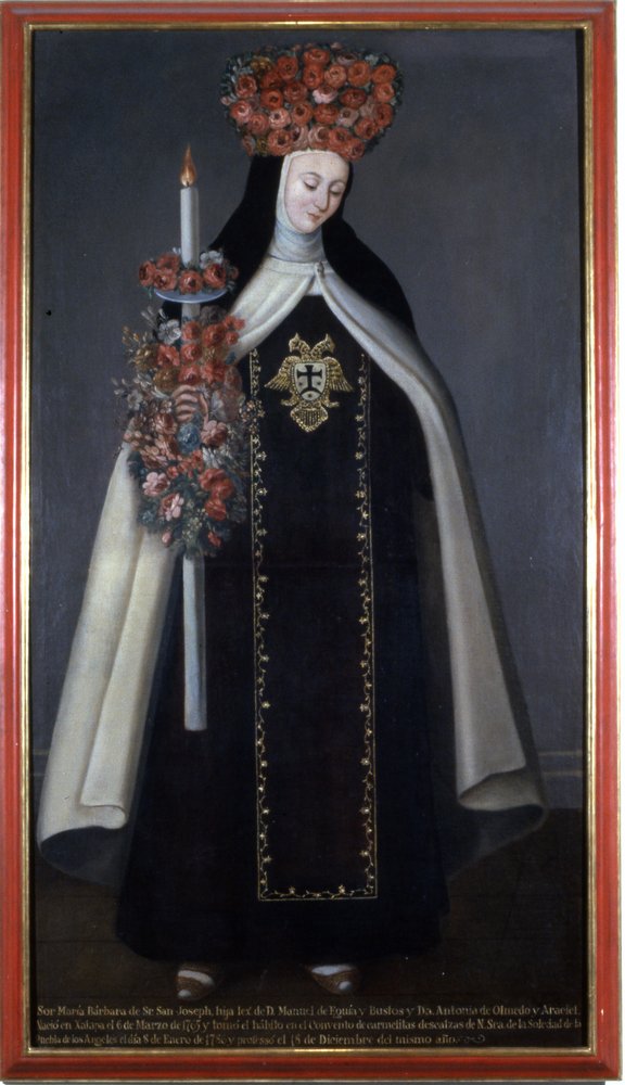 Irmã Maria Bárbara de São José, coroada de flores, Convento das Carmelitas, Puebla, México de Mexican School