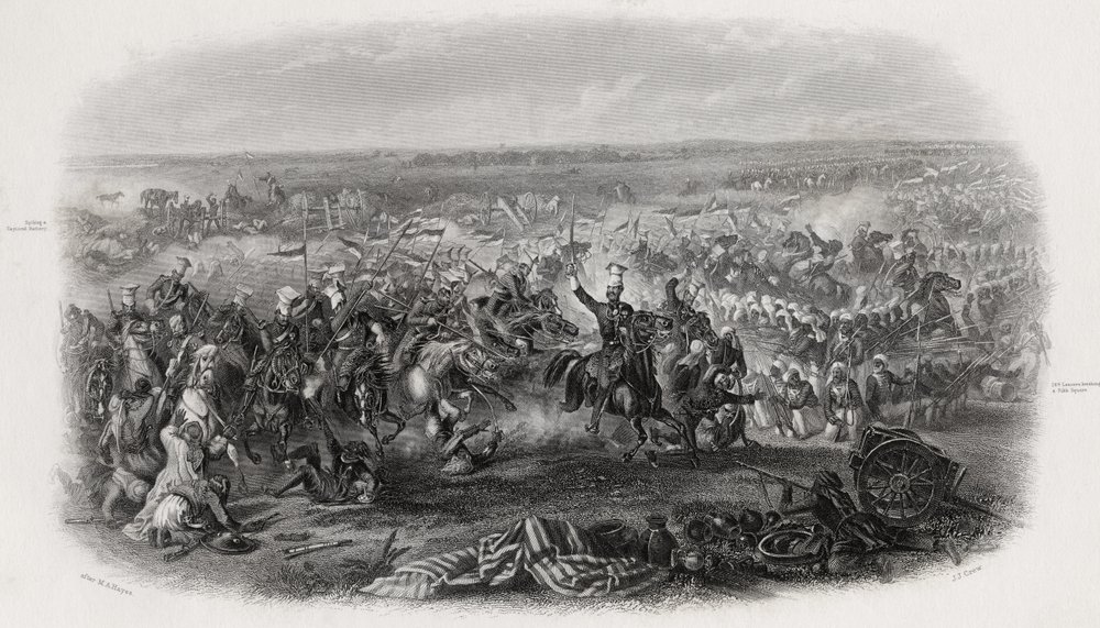 Batalha de Aliwal, Índia, 28 de janeiro de 1846, gravada por JJ Crew de Michael Angelo Hayes