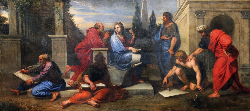 Aspasie entre os filósofos da Grécia no salão dos Nobres da Rainha (pintura) de Michel Corneille
