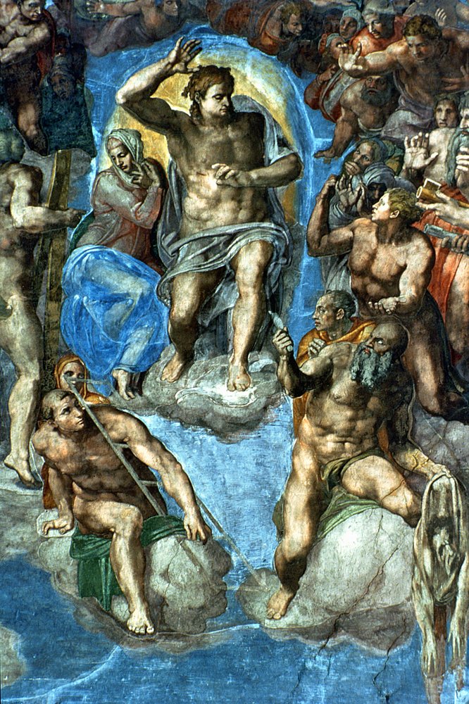 Cristo, detalhe de &39;O Último Julgamento&39;, na Capela Sistina, século 16 com auto-retrato de Michelangelo como São Bartolomeu segurando pele esfolada de Michelangelo Buonarroti