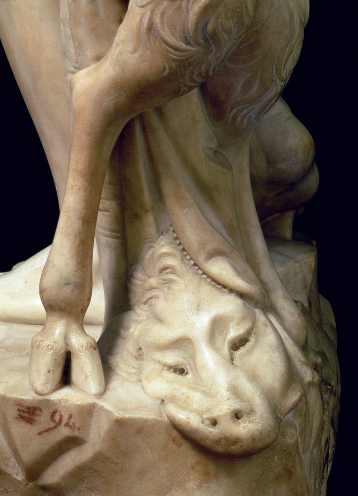 A embriaguez de Baco, detalhe de uma cabeça de panteras, escultura de Michelangelo Buonarroti 1475-1564, 1496-97 detalhe em mármore de 52672 de Michelangelo Buonarroti