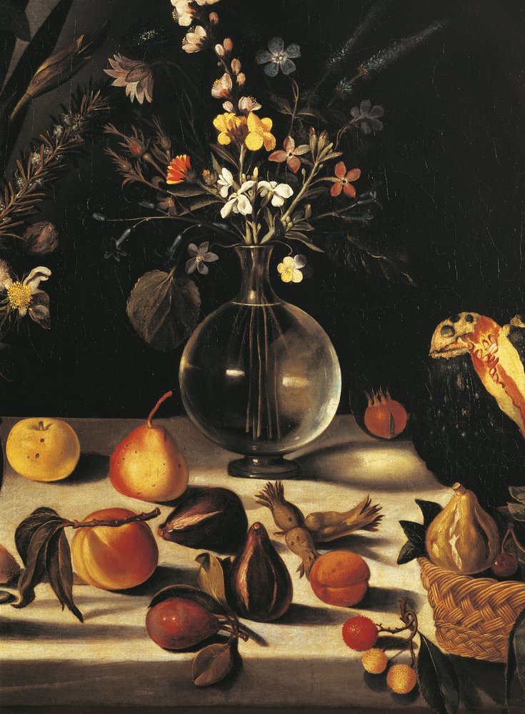 Natureza morta com flores e frutos, por Mestre da Natureza Morta de Hartford, c.1600-10 (óleo sobre tela) (detalhe de 507174) de Michelangelo Merisi da Caravaggio