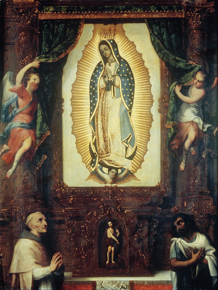 Retábulo da Virgem de Guadalupe com São João Batista, frei Juan de Zumárraga e Juan Diego de Miguel Cabrera