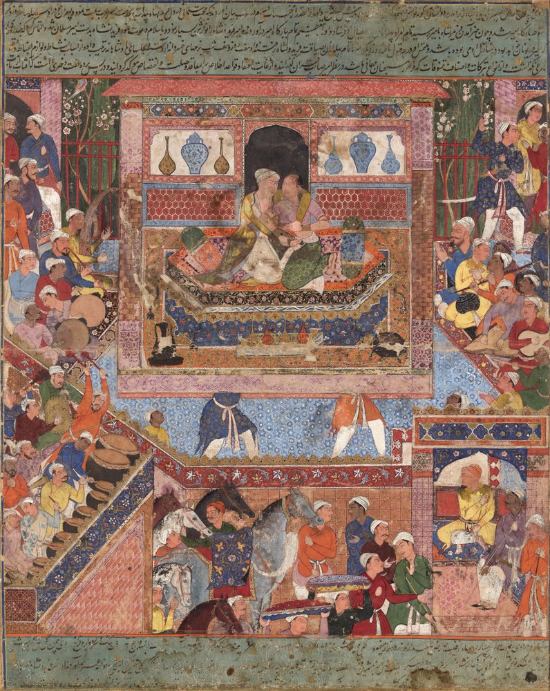 Alemão austríaco: O rei grego Feridun Shah converte-se ao Islão e casa a sua filha com Hamza. Hamza-nama ; Volume 1 a 5 Feridun Shah, o rei da Grécia, converte-se ao Islão e casa a sua filha com Hamza de Mir Sayyid Ali