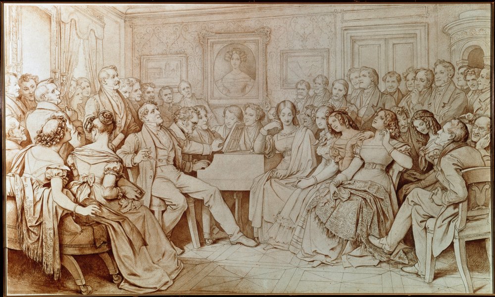 O compositor Franz schubert acompanha o tenor Johann Michael Vogl numa noite musical no Barão von Spaun (Desenho de Moritz Ludwig von Schwind