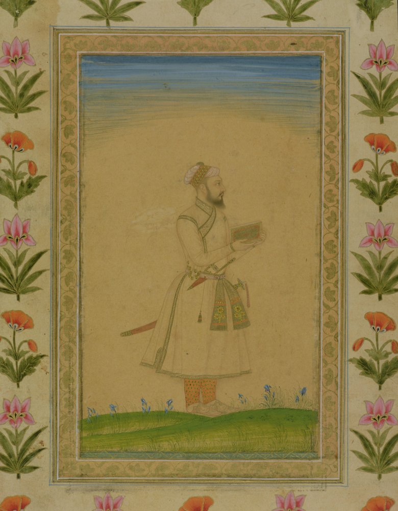 Figura em pé de um nobre, segurando um livro, do Small Clive Album (wc opaco no papel) de Mughal School