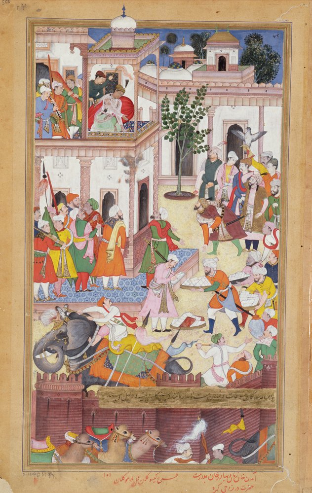 Os irmãos Ali Auli Khan Zaman e Gadhadur Khan em Karah prestam homenagem a Akbar e distribuem saques dos afegãos, 1590-98 (guache sobre pergaminho) de Mughal School