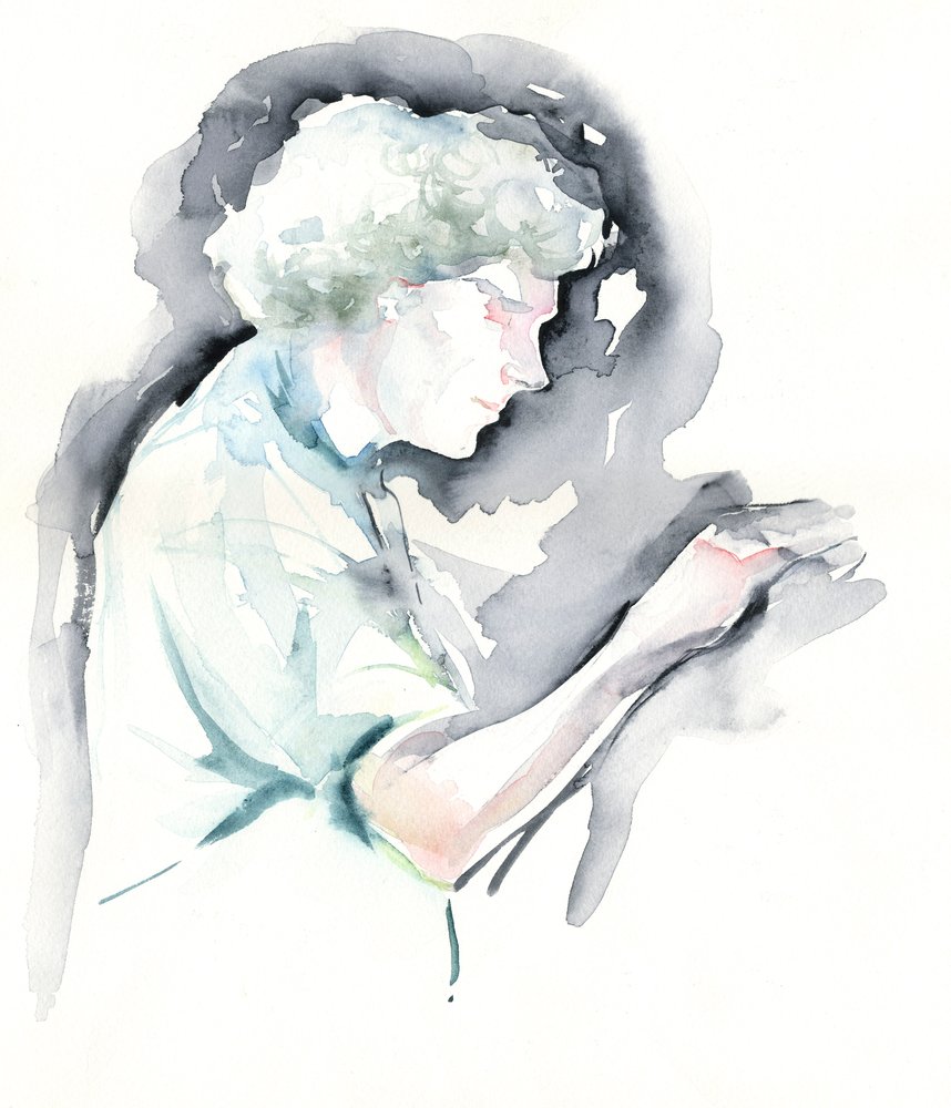Simon Rattle - retrato em aquarela do maestro inglês no Symphony Hall, Birmingham de Neale Osborne