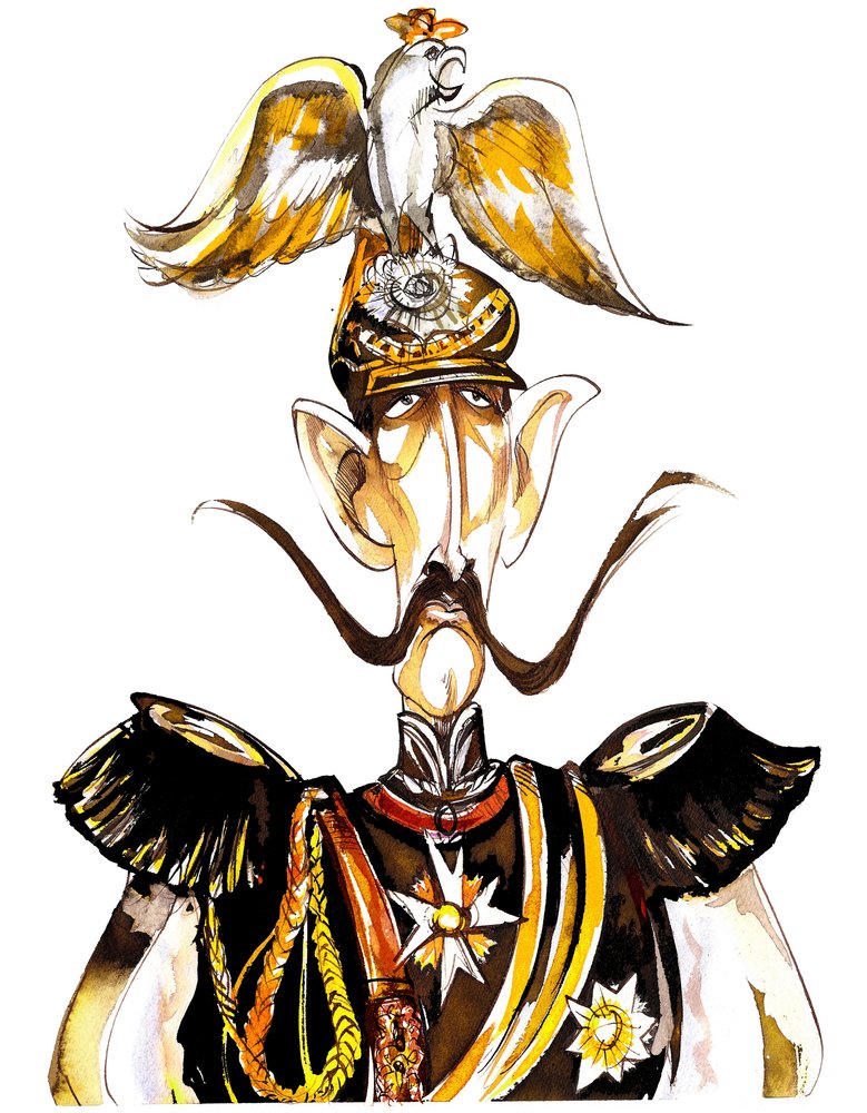 Guilherme II, imperador da Alemanha, rei da Prússia (1859-1941); caricatura de cor com capacete de águia de Neale Osborne