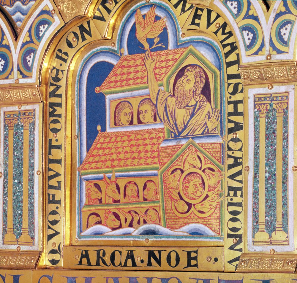 Noé e a Arca, detalhe de um dos 51 painéis do Verduner Altar, 1181 (champleve enamelwork) de Nicholas of Verdun