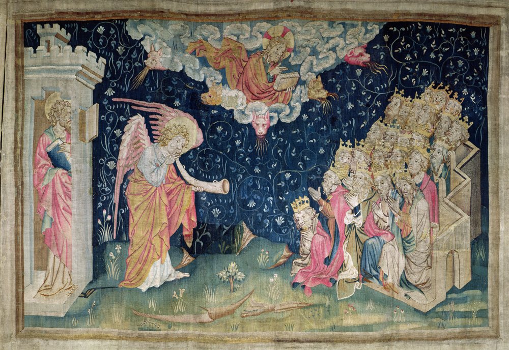 O Som da Sétima Trombeta e o Canto dos Vinte e Quatro Anciãos, nº 34 do "Apocalipse de Angers", 1373-87 (tapeçaria) de Nicolas Bataille