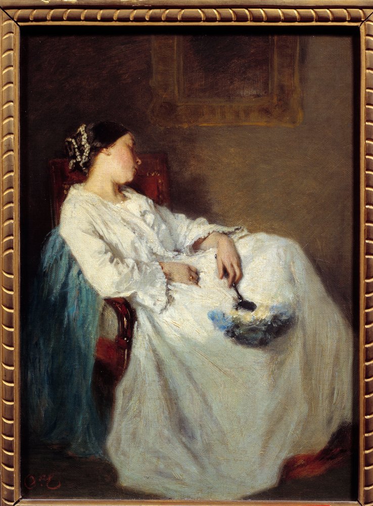 Mulher sentada a dormir, século XIX, 0,32 x 0,24 m de Octave Tassaert