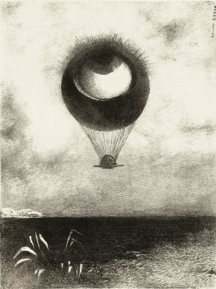 O olho, como um balão estranho, monta em direção ao infinito. Série: Para Edgar Poe, 1882 de Odilon Redon