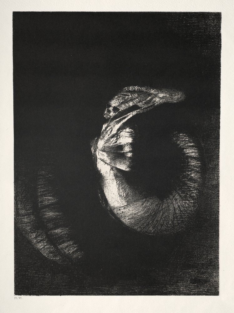 A Tentação de Santo Antônio Primeira Série: É um crânio envolto em rosas ..., 1888. de Odilon Redon