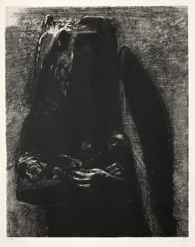 A tentação da primeira série de Santo Antônio: É o diabo, carregando debaixo de suas duas asas, 1888. de Odilon Redon