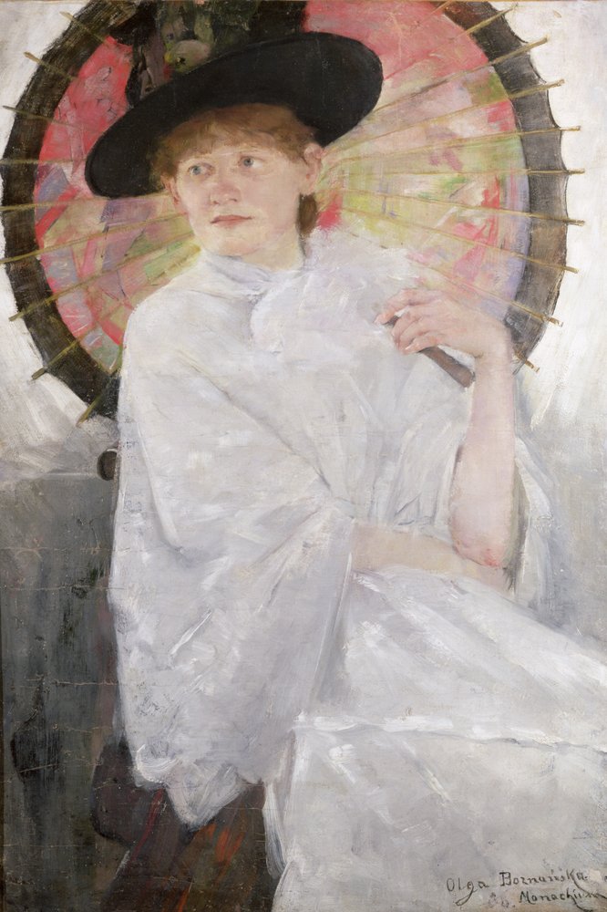 Retrato de uma senhora com um óleo de parasol japonês sobre tela de Olga Boznanska