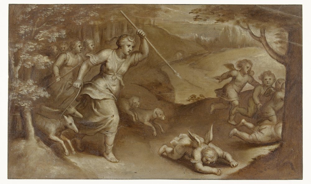 Diana expulsa Cupido e os seus ajudantes que a tentaram apanhar de Otto van Veen