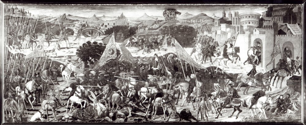 Romanos e gauleses lutando ou a batalha em frente aos portões de Roma (têmpera no painel) de Paolo Uccello
