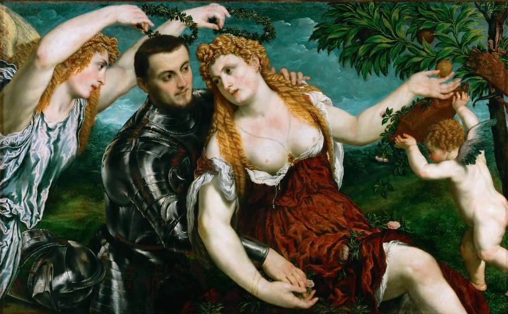 Alemão: Allegorie (Mars, Venus, Victoria und Cupido) Alegoria (Marte, Vénus, Vitória e Cupido) de Paris Bordone