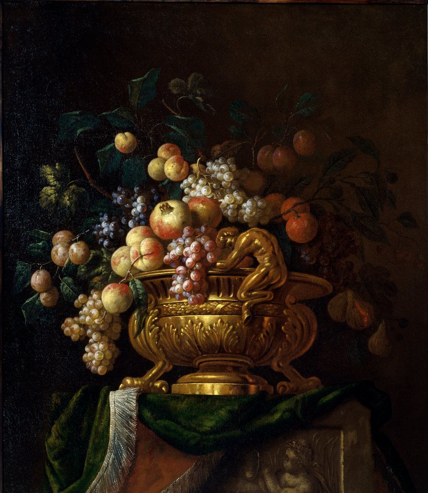 Natureza morta com vaso e granadas. Pintura de Paul Pillement do século XVII. Rouen, Musée des Beaux Arts. de Paul Pillement