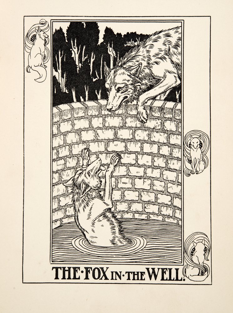 A raposa no poço, de Cem fábulas de Esopo, publicado em 1903 de Percy J. Billingshurst