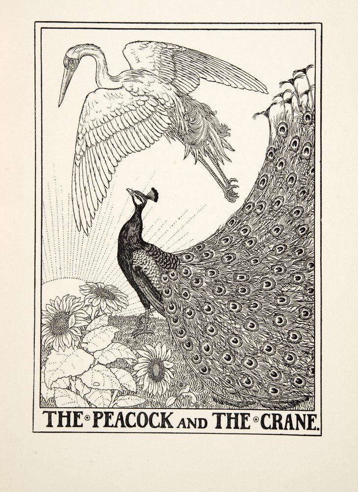O pavão e o guindaste, de cem fábulas de Esopo, pub.1903 de Percy J. Billingshurst