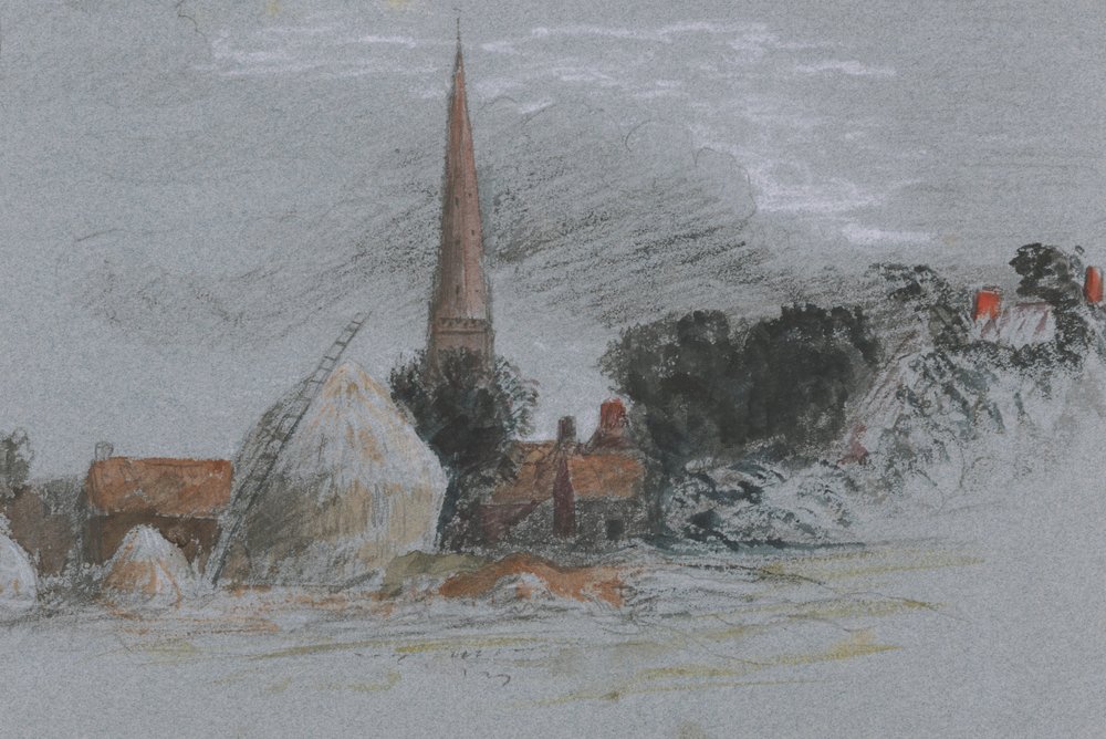 Estudo de paisagem - um palheiro perto de uma igreja de Peter de Wint