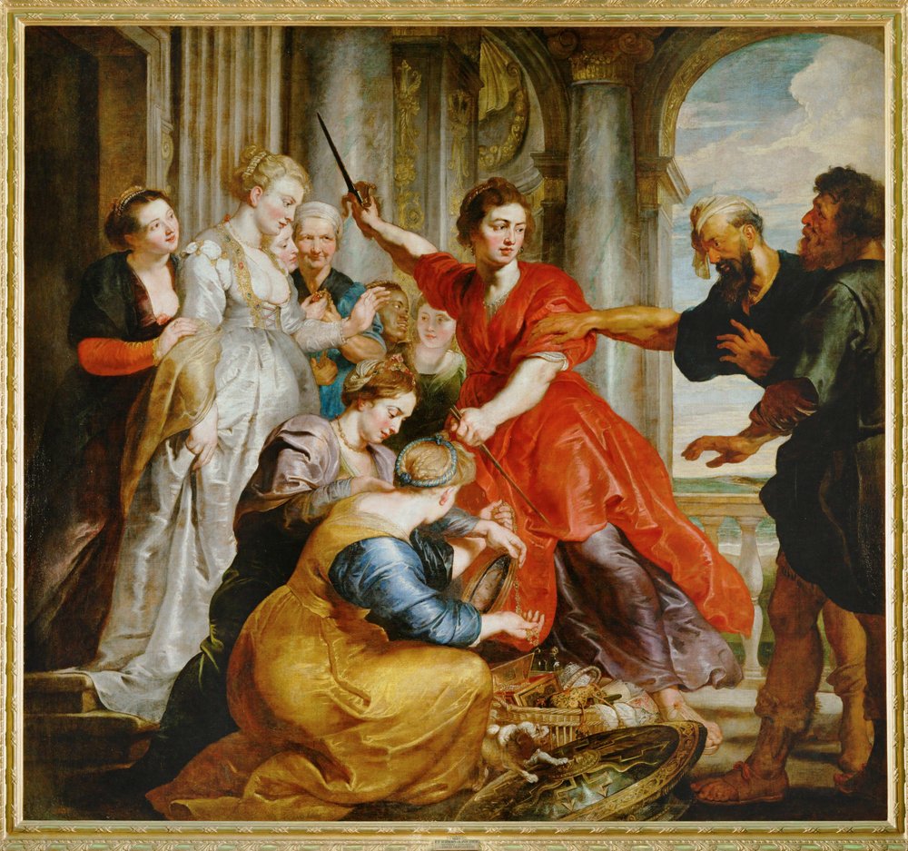 Aquiles descoberto por Ulisses entre as filhas de Lykomedes em Skyros (pintura sobre tela) de Peter Paul Rubens