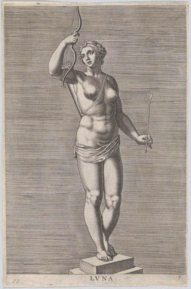 Ilustração 7: Diana, estátua da deusa nua em pé sobre um soco, vestindo uma lua crescente em..., 1586. de Philip Galle