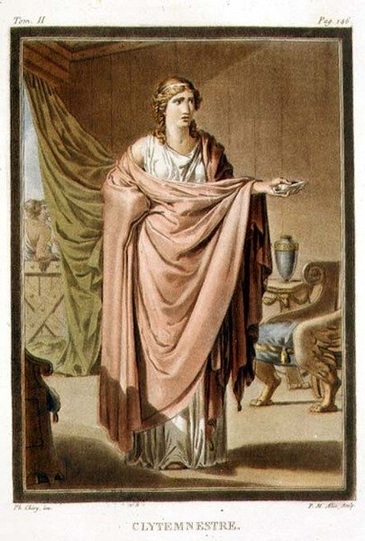 Clytemnestra, traje de "Iphigenia in Aulis" de Jean Racine, do Volume II de "Pesquisa sobre o Traje e Teatro de Todas as Nações", gravada por Pierre Michel Alix (1762-1817) 1802 (gravura em cores) de Philippe (after) Chery