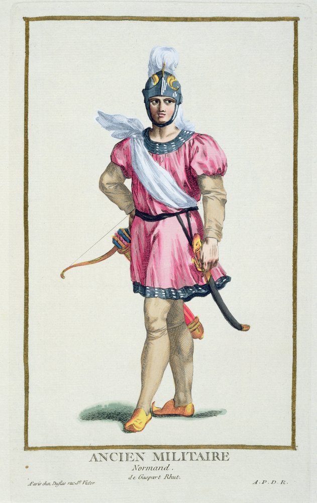 Vestido de um soldado normanda de "Coleção de gravuras, representando as fileiras e os dignitários, seguindo o figurino de todas as nações existentes", publicado em 1780 (gravura colorida à mão) de Pierre Duflos