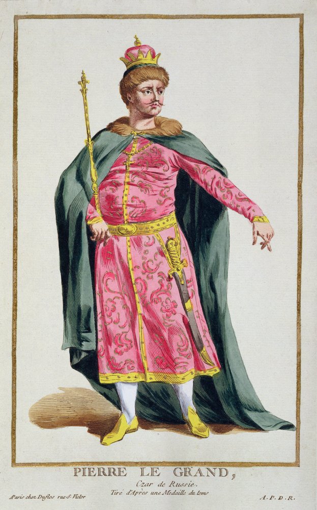 Retrato de Pedro I, o Grande, Czar da Rússia (1672-1725), de uma coleção de placas retratando diferentes Fantasias do Mundo, 1780 (gravura em cobre colorida à mão com dourado) de Pierre Duflos