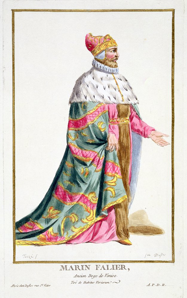 Marino Falier (1274-1355) Doge de Veneza a partir de "Receuil des Estampes, Representant les Rangs et les Dignites, suivant le Costume de toutes les Nations existantes", publicado em 1780 (gravura colorida à mão) de Pierre Duflos