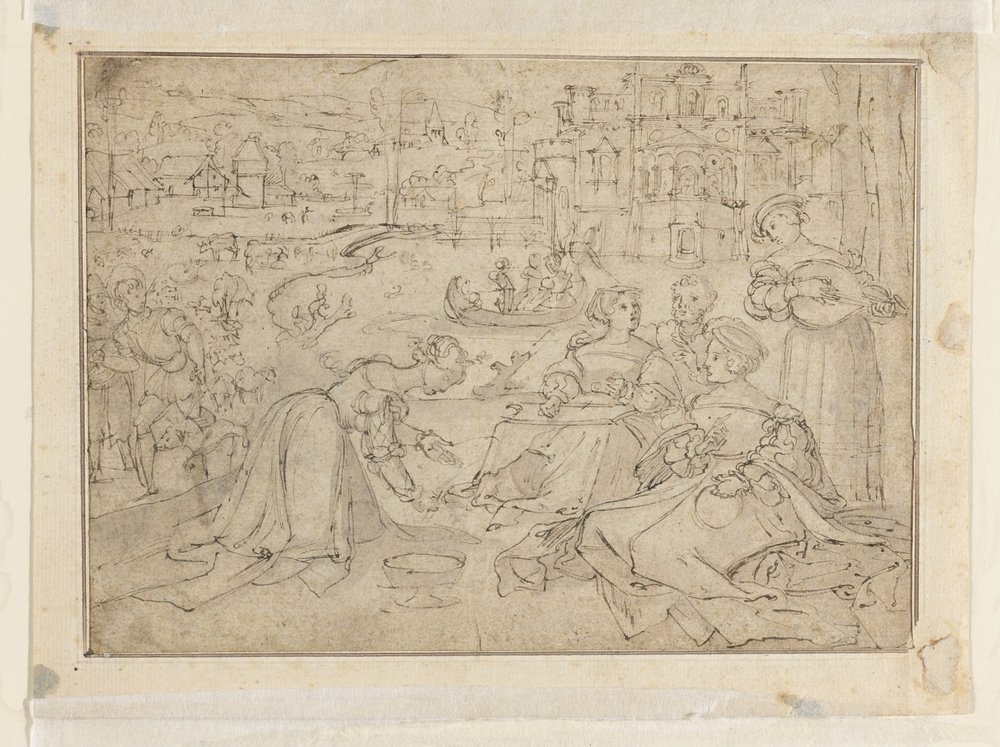 Recto: O mês de abril (Figuras num parque perto de um castelo) de Pieter Coecke van Aelst