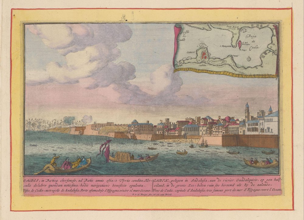 Vista do Cadix
Cadix, situado na Andaluzia, no rievier Guadalquivir, em meia ilha (...) (título sobre o objecto)
Theatrum Hispaniae (...) (título da série) de Pieter van den Berge