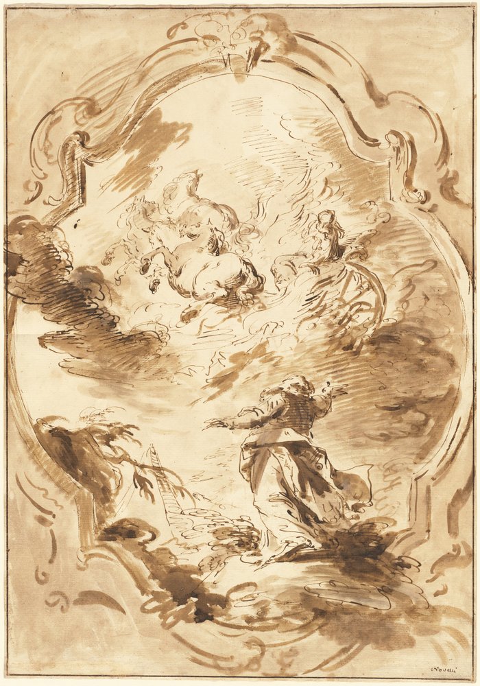 Eliseu assistindo Elias ascender na carruagem de fogo de Pietro Antonio Novelli