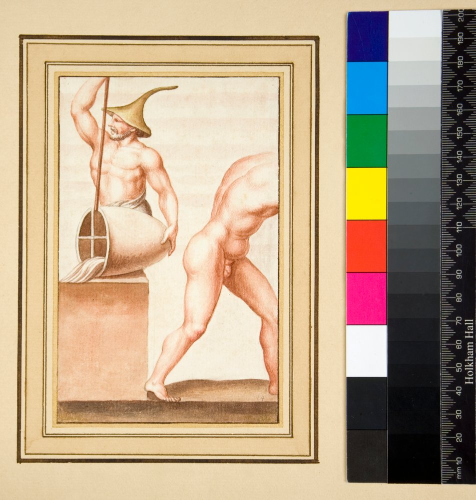 Cópia de um mosaico de um homem com tampa pontiaguda escorrendo de um vaso. (giz preto, alguns com caneta e tinta marrom. colorido com aquarela) de Pietro Santi Bartoli
