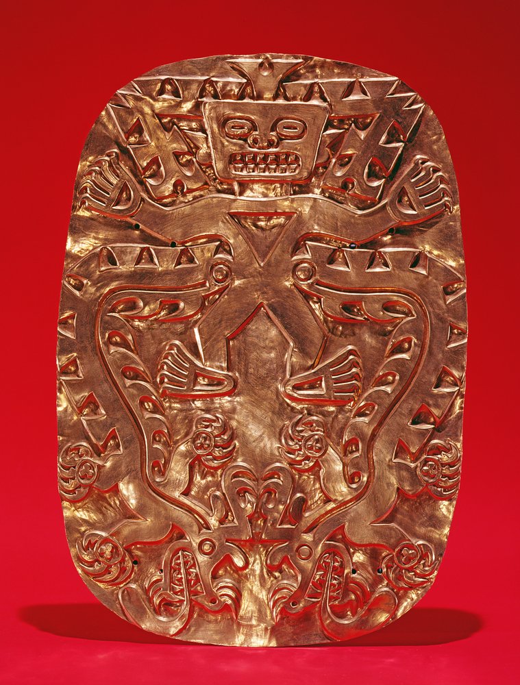 Placa em relevo representando um deus de crocodilo, de Sitio Conte, Província de Cocle, Panamá, estilo Late Cocle (ouro) de Pre-Columbian