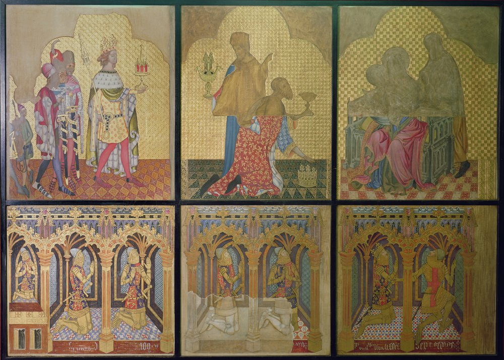 Reconstrução de uma pintura mural originalmente na Capela de Santo Estêvão, representando na fila inferior, da esquerda para a direita: Thomas Woodstock (1355-97), Edmund Langley, John of Gaunt (1340-99), Lionel (1338-68), Eduardo, o Príncipe Negro de Professor Ernest Tristram