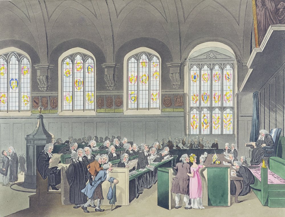 Tribunal de Chancelaria, Lincoln&39;s Inn Hall, gravado por Constantine Stadler (fl.1780-1812), 1808 (aquatinta colorido) de Pugin and Rowlandson