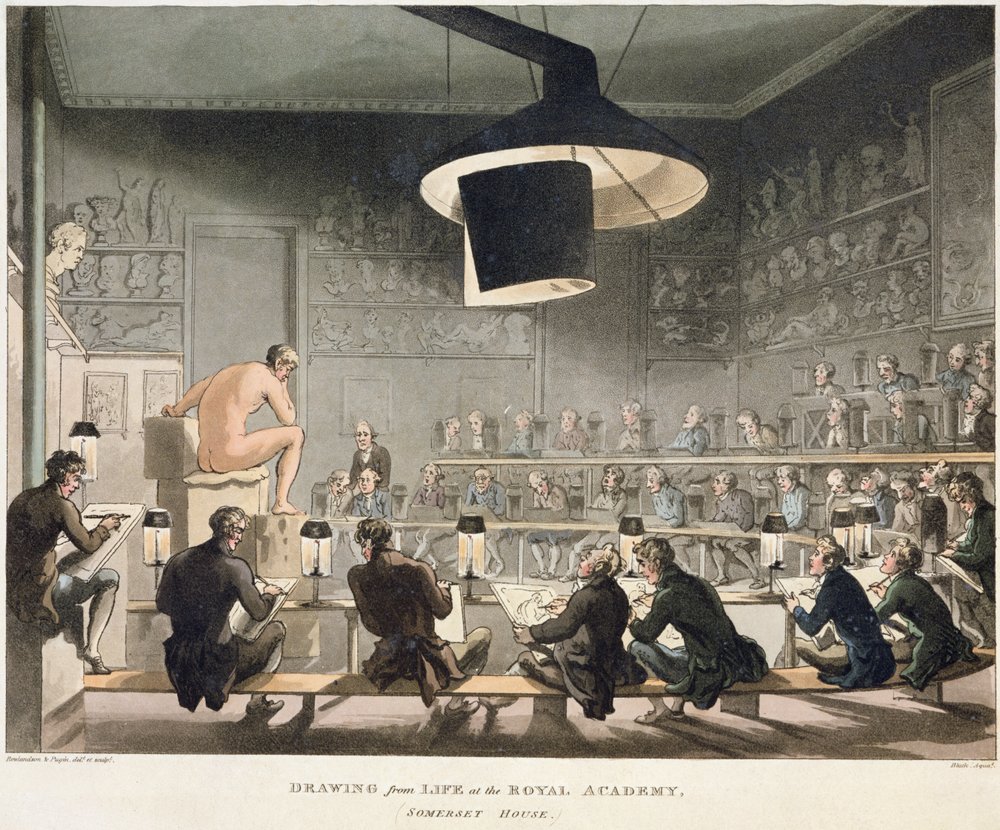 Desenho da vida na Royal Academy (gravura colorida) de Pugin and Rowlandson