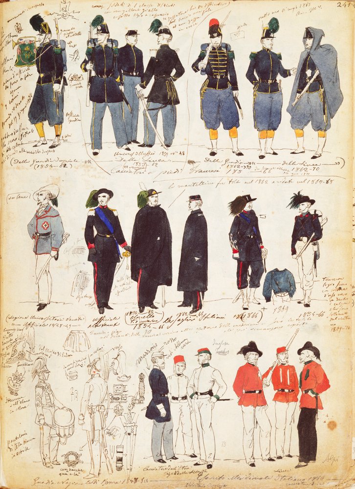Vários uniformes italianos de uso corrente entre 1847 e 1870, por Quinto Cenni, prancha a cores de Quinto Cenni