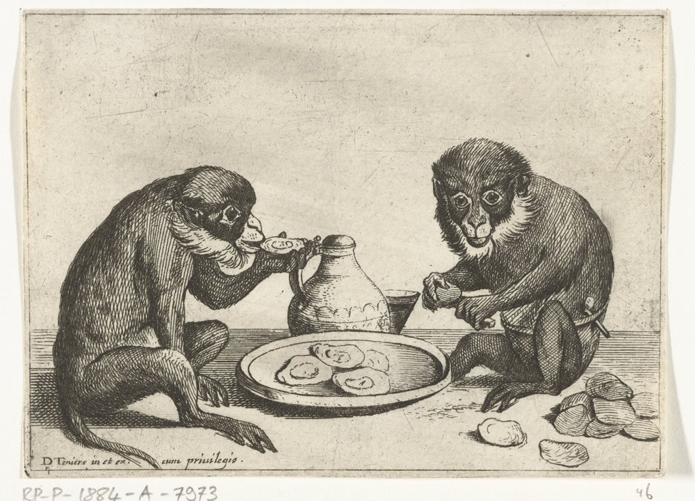 Dois macacos a comer ostras
Vários actos de vida humana representados por macacos (título da série)
O jogo do macaco no mundo (título da série) de Quirin Boel