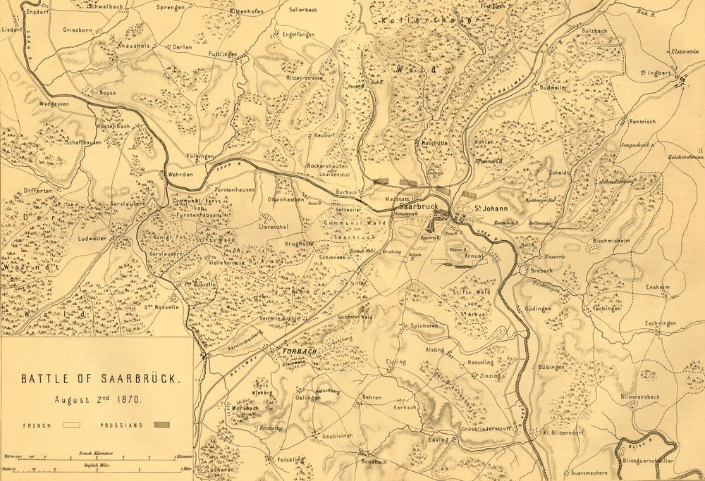 Mapa da Batalha de Saarbrücken, 2 de agosto de 1870, c1872. de R. Walker
