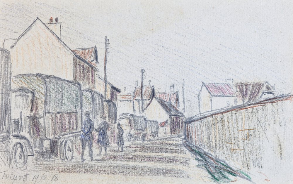 Comboio de veículos militares em Trilport, c1914-18 (lápis sobre papel) de Raymond Bonnefon