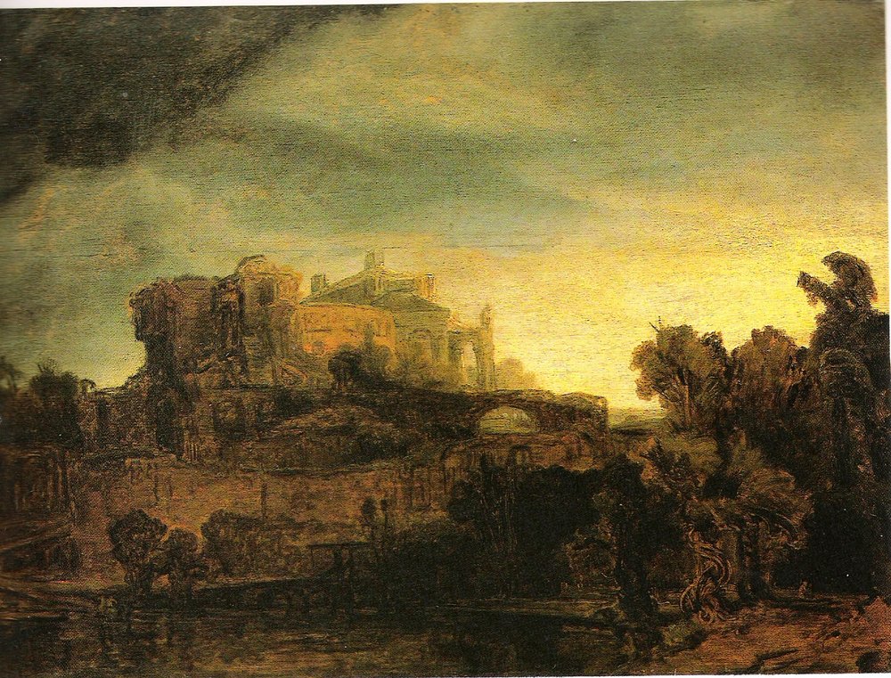 Paisagem com edifícios de Rembrandt van Rijn