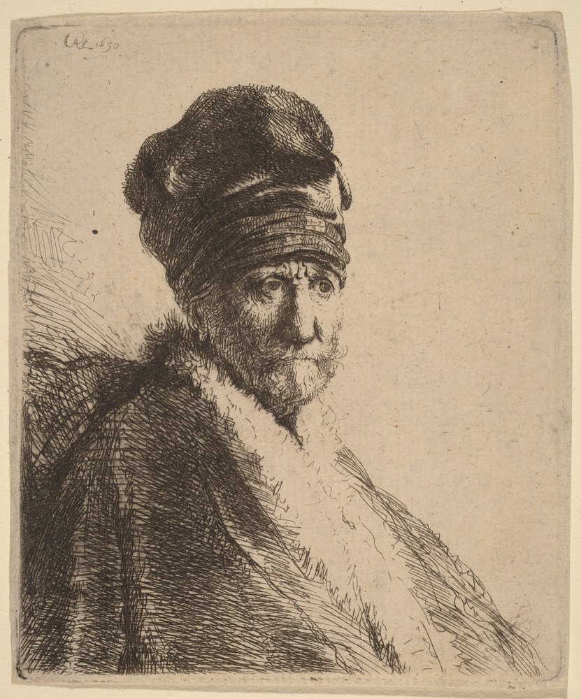 Busto de um homem com um boné de pala alta, visto de três quartos à direita (o pai do artista) de Rembrandt van Rijn