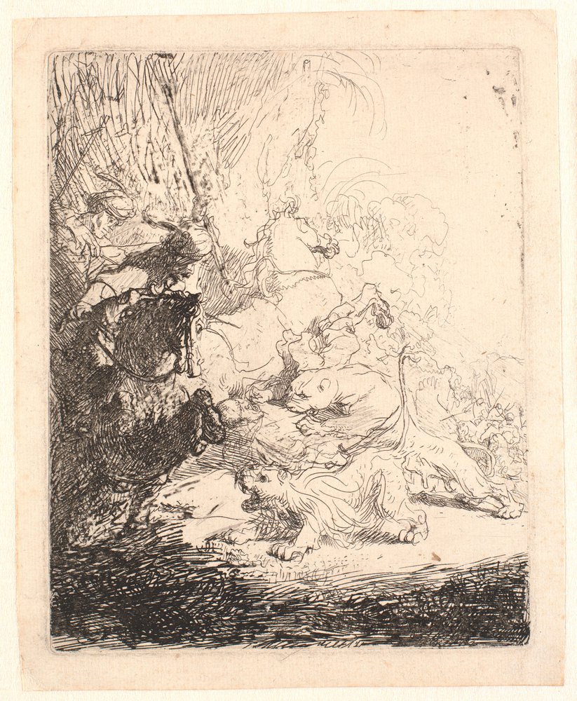 A pequena caça ao leão (com dois leões) de Rembrandt van Rijn